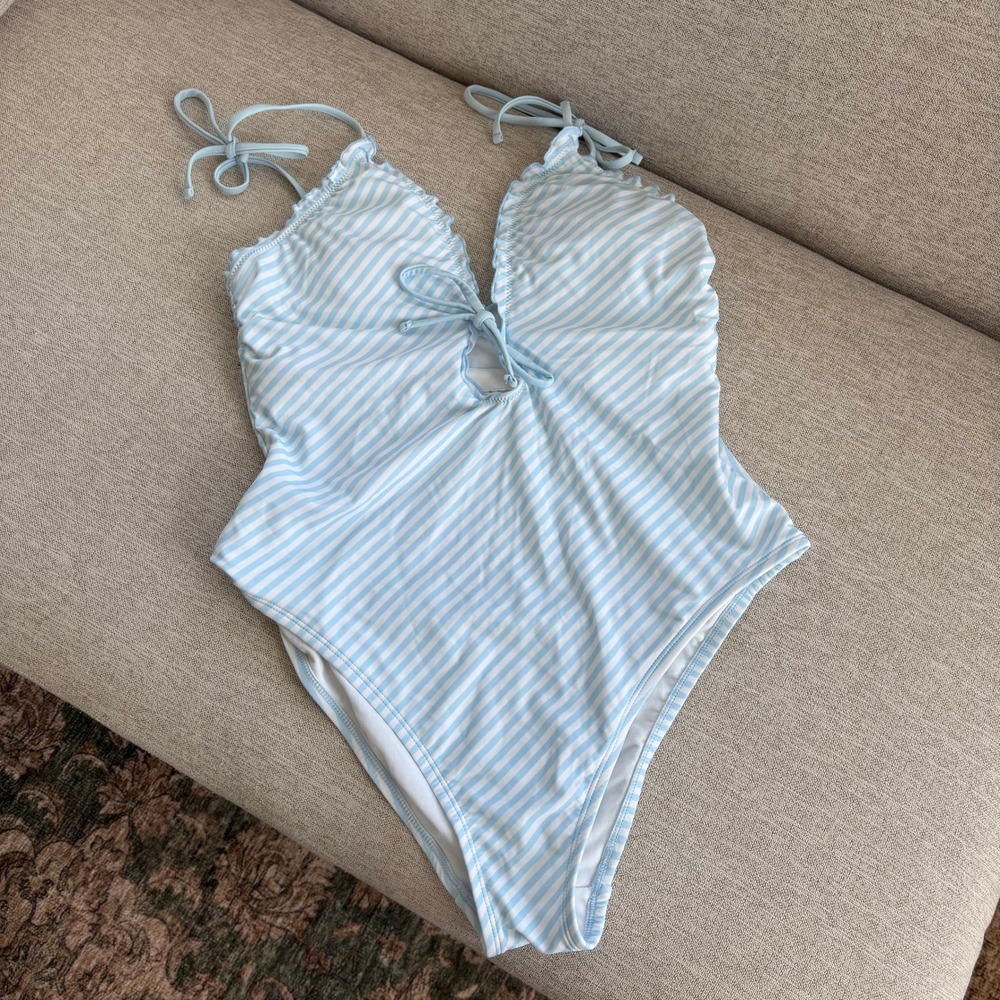 Shade & Shore One Piece Swimsuit L Blue White Striped Ruffle Coastal Chic Preppy